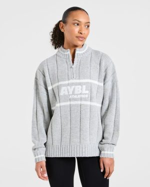 Athletics Oversized Knitted 1/4 Zip - Grey Marl