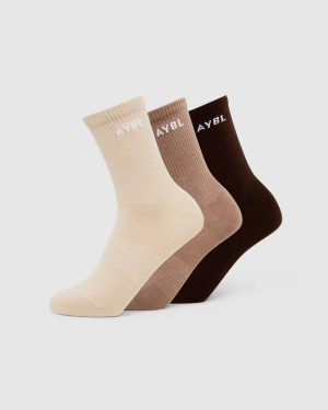 Everyday Crew Socks 3-Pack: Ultimate Comfort in Nude, Mocha & Brown