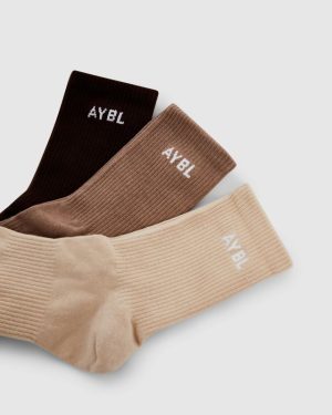 Everyday Crew Socks 3-Pack: Ultimate Comfort in Nude, Mocha & Brown