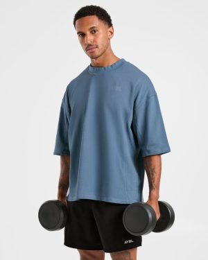 Lift Club Distressed Oversized T Shirt - Washed Indigo