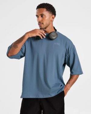 Lift Club Distressed Oversized T Shirt - Washed Indigo