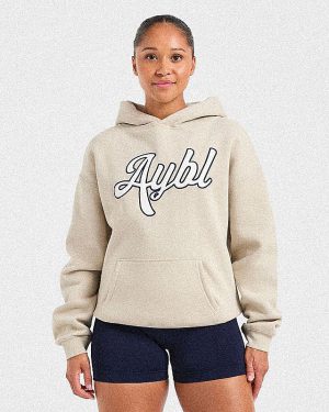 Premium Script Embroidered Oversized Hoodie - Sand/Navy
