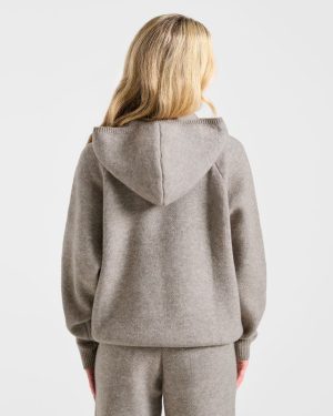 Soft Oversized Knitted Hoodie - Brown Marl