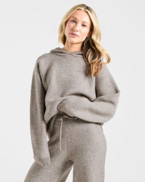 Soft Oversized Knitted Hoodie - Brown Marl