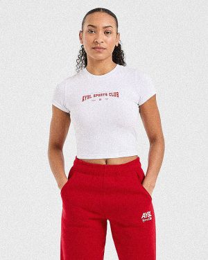 Sports Club Varsity Baby Tee - White/Red: The Ultimate Rest Day Essential