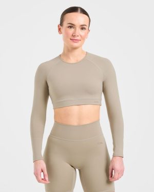 Staple Long Sleeve Crop Top - Muted Taupe: The Ultimate Sculpting Workout Essential