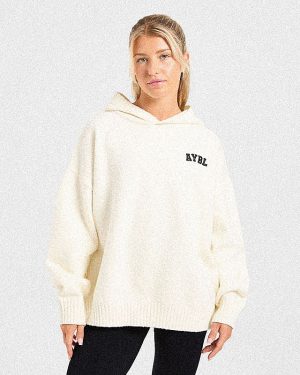 Varsity Minimal Logo Oversized Knitted Hoodie - Cream