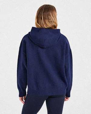 Varsity Minimal Logo Oversized Knitted Hoodie - Navy