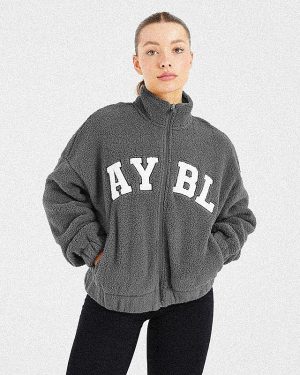 Varsity Oversized Fleece Zip Up Jacket - Charcoal: The Ultimate Comfort Solution