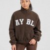 Varsity Oversized Fleece Zip Up Jacket - Cocoa Brown