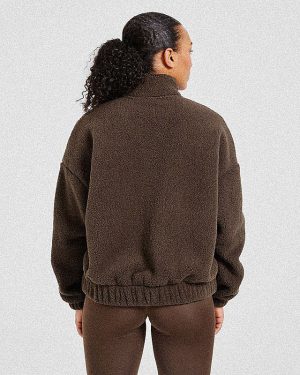 Varsity Oversized Fleece Zip Up Jacket - Cocoa Brown