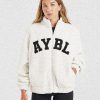 Varsity Oversized Fleece Zip Up Jacket - Cream