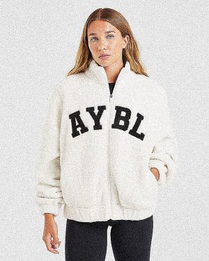 Varsity Oversized Fleece Zip Up Jacket - Cream