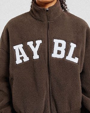 Varsity Oversized Fleece Zip Up Jacket - Cocoa Brown