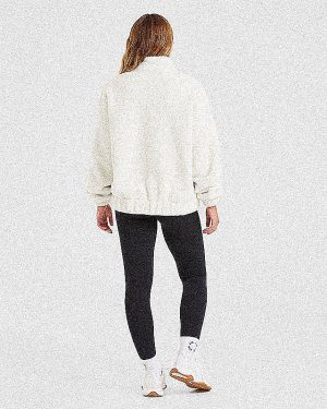 Varsity Oversized Fleece Zip Up Jacket - Cream