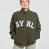 Varsity Oversized Fleece Zip Up Jacket - Khaki Green