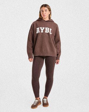 Varsity Oversized Knitted Hoodie - Brown